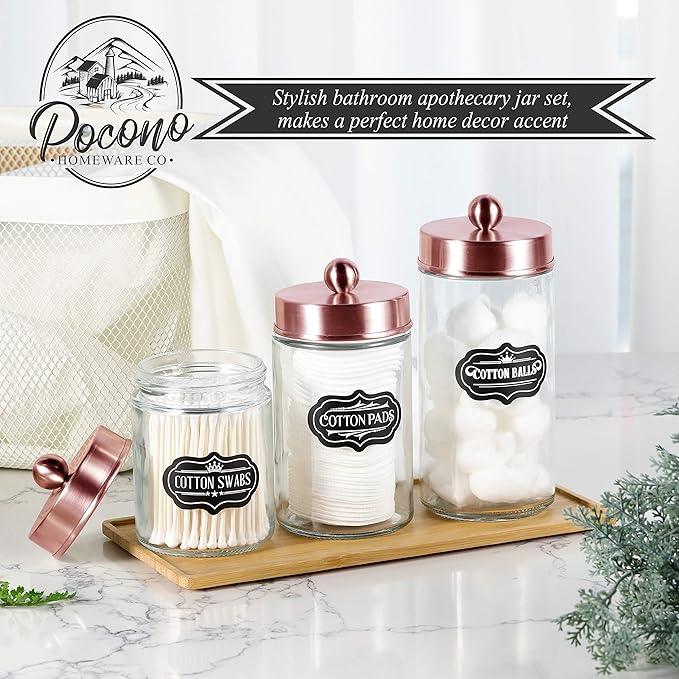 Apothecary Jars 3 Pack - Glass Bathroom Containers with Stainless Steel Lids - Rustic Farmhouse Decor Bathroom Accessories, Vanity Organizer Apothecary Jars for Qtip/Cotton Balls (Rose Gold) - ModernBath