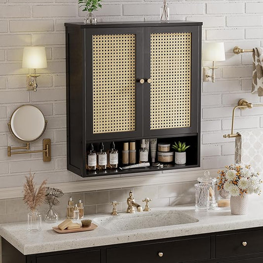 Bathroom Wall Cabinet, Bamboo Over-The-Toilet Storage Organizer with 2 Rattan Doors and Adjustable Shelf, Space Saver Medicine Cabinet for Laundry, Kitchen, Living Room (Black)