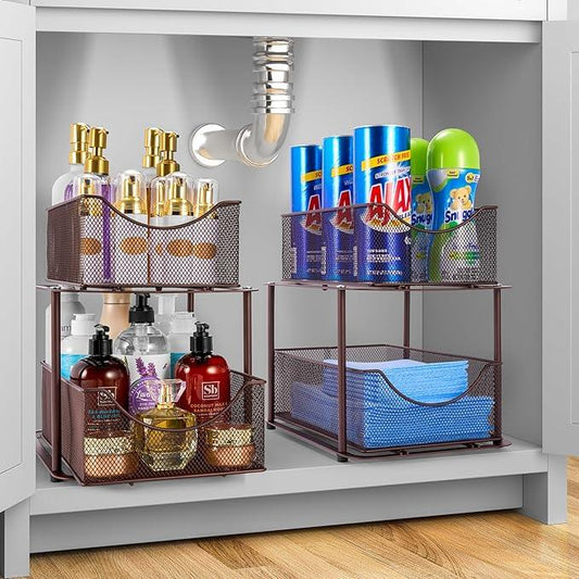Sorbus 2 Sets of 2 Tier Metal Under Sink Organizer for Bathroom, Kitchen, Strong Steel Mesh Sliding Drawers for Under Sink, Under Cabinet, Closet, Kitchen, Pantry, Bathroom Organizers and Storage - ModernBath