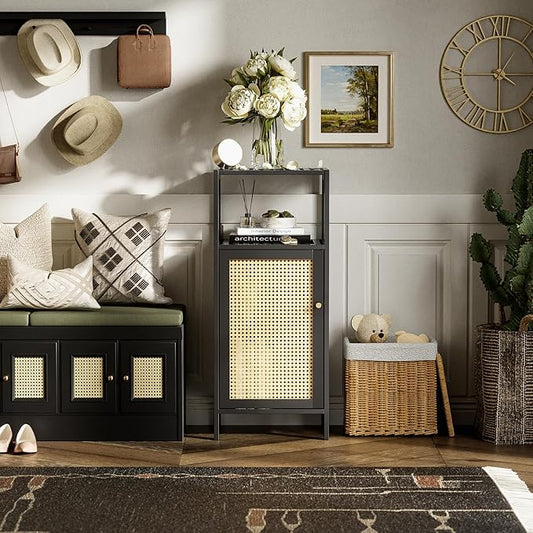 HITNET Bamboo Floor Cabinet, Small Bathroom Storage Cabinet with Single Rattan Door, Narrow Side Storage Organizer Unit Freestanding Space Saving Kitchen Cupboard, Black