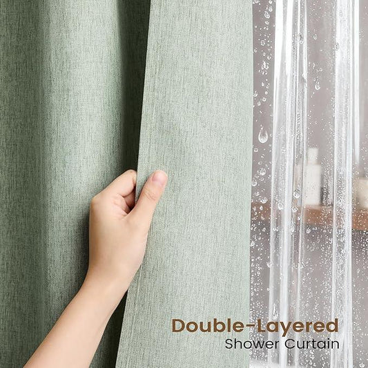 BTTN Sage Green 3 in 1 Shower Curtain Set - Linen Textured Cloth Shower Curtain and PEVA Liner with Plastic Hook and 3 Magnets, Tall Modern Neutral Waterproof Shower Curtain for Bathroom, 72x84 - ModernBath