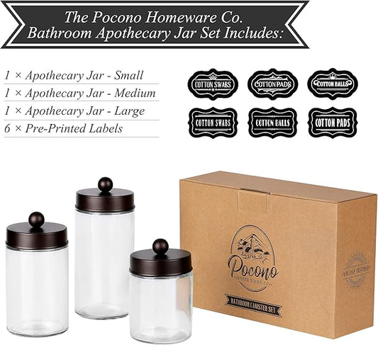 Apothecary Jars 3 Pack - Glass Bathroom Containers with Stainless Steel Lids - Rustic Farmhouse Decor Bathroom Accessories, Vanity Organizer Apothecary Jars for Qtip/Cotton Balls (Bronze)