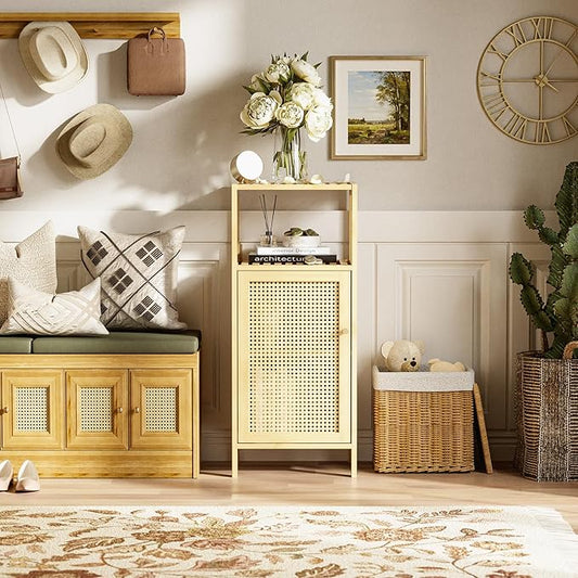HITNET Rattan Bathroom Storage Cabinet, Small Bamboo Floor Cupboard with Door, Freestanding Narrow Side Organizer for Living Room, Kitchen, Entryway, Natural