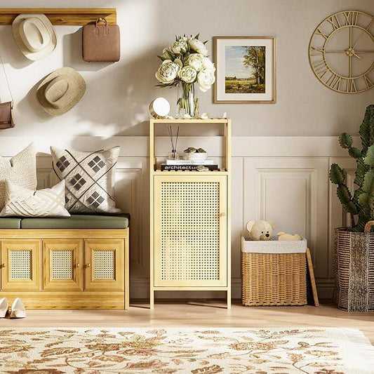HITNET Rattan Bathroom Storage Cabinet, Small Bamboo Floor Cupboard with Door, Freestanding Narrow Side Organizer for Living Room, Kitchen, Entryway, Natural - ModernBath