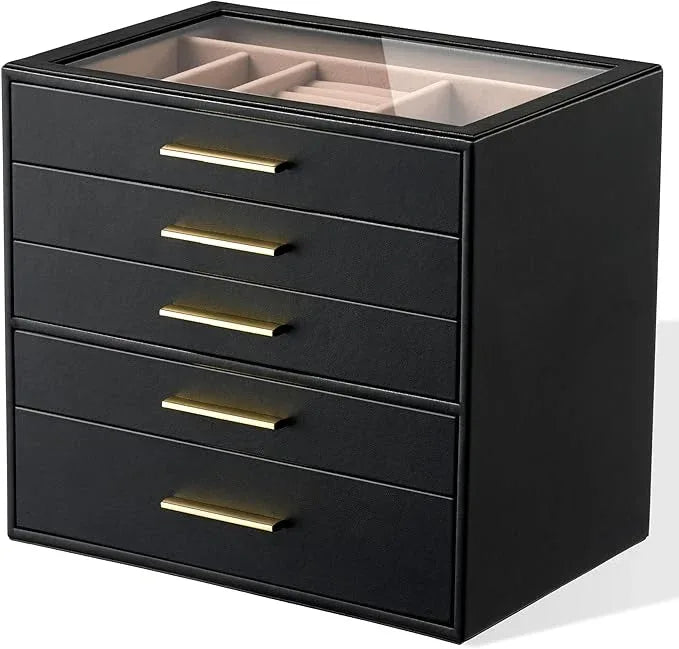 pickpiff Jewelry Box Organizer Case for Women: 5-Layer Jewelry Storage Case with Glass Window, Black Leather with Blush Velvet, Holder for Ring Necklace Bracelet Brooch Watch, Great Gift for Her - ModernBath