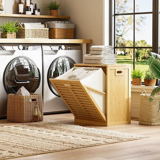 HITNET Tilt Out Laundry Hamper, Bamboo Laundry Cabinet with Hidden Removable Basket, Freestanding Clothes Storage organizer for Bedroom, Bathroom, Living Room, Natural - ModernBath