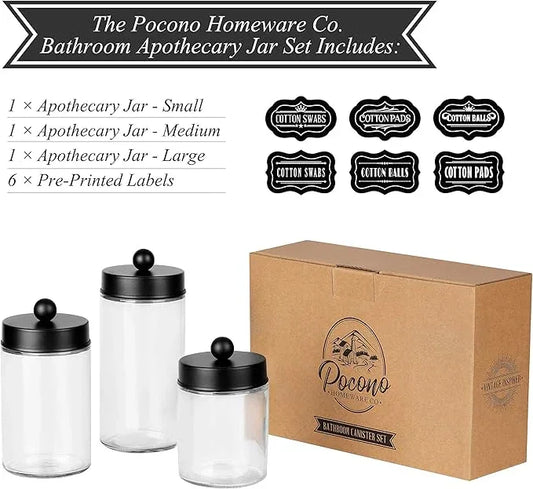Apothecary Jars 3 Pack - Glass Bathroom Containers with Stainless Steel Lids - Rustic Farmhouse Decor Bathroom Accessories, Vanity Organizer Apothecary Jars for Qtip/Cotton Balls (Matte Black) - ModernBath