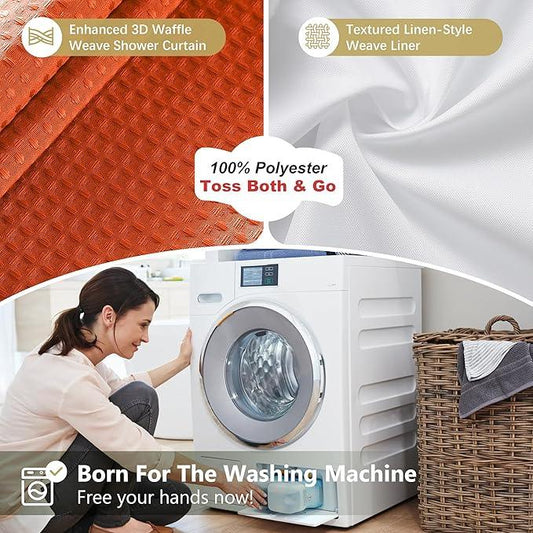 Luxury 3 in 1 Shower Curtain Set 3D Textured Waffle Weave Bathroom Curtain with Waterproof SGS Certified Fabric Liner & 12 Anti-Fall Stainless Steel Hooks, Machine Washable 72"x84" (Orange) - ModernBath