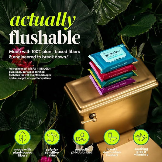 goodwipes Flushable Butt Wipes - Vitamin E & Aloe - Sewer & Septic Safe - Extra Large Adult Wet Wipes For Women & Men - Bathroom Essentials - Shea-Coco, 153 Count (3 Packs + 3 Individually Wrapped)