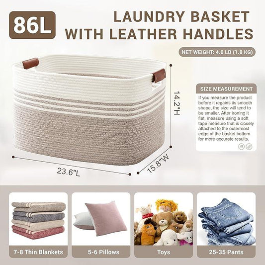 86L Extra Large Laundry Basket with Leather Handles for Living Room Storage, Woven Rope Baskets for Blanket, Kids Toy, Gifts, Wicker Hamper for Bedroom Dirty Clothes, 24"x16"x14" White Brown - ModernBath