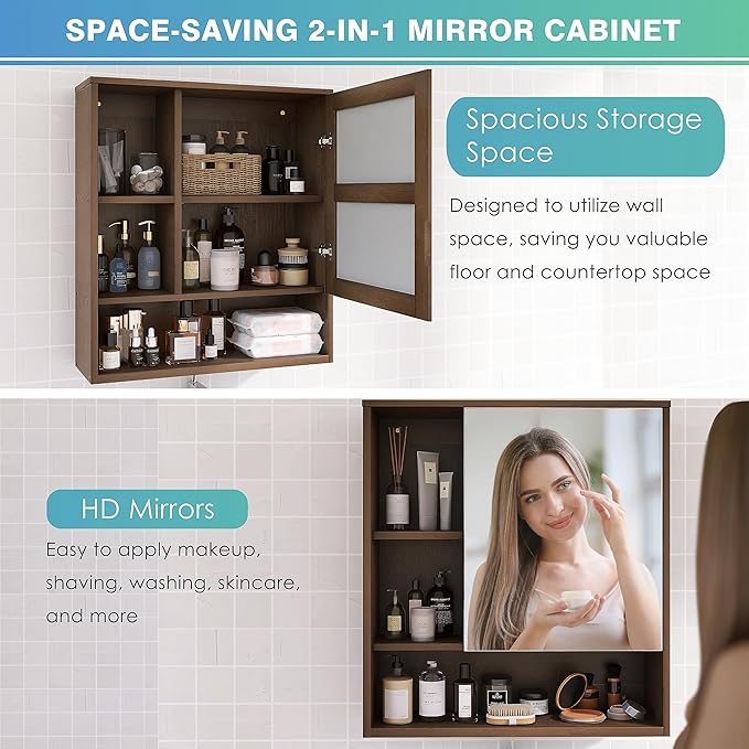 SMIBUY Bathroom Mirror Cabinet Wall Mounted, Bamboo Space Saver Medicine Cabinet, Wall Hanging Over Toilet Storage Cabinet with Mirror Door and Adjustable Shelf (Walnut)