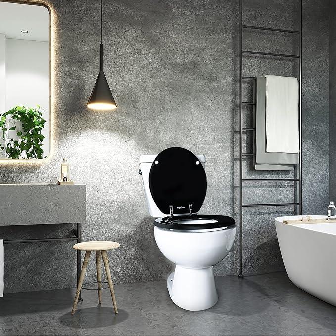 Black Round Toilet Seat Natural Wood Toilet Seat with Zinc Alloy Hinges, Easy to Install also Easy to Clean, Scratch Resistant Toilet Seat by Angol Shiold (Round, Black) - ModernBath
