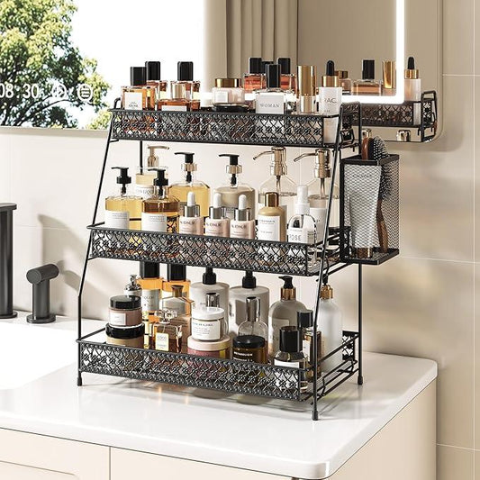 SILUB Vintage 3 Tier Spice Rack Organizer for Kitchen Counter, Bathroom Counter Organizer with Bonus Basket, 3 Tier Bathroom Counter Organizer for Spices Makeup Perfumes, Retro Countertop Organizer - ModernBath