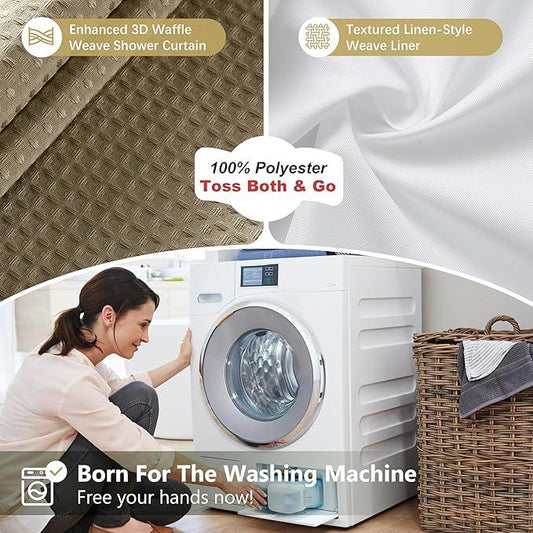 VANZAVANZU Luxury 3 in 1 Shower Curtain Set 3D Textured Waffle Weave Bathroom Curtain with Waterproof SGS Certified Fabric Liner & 12 Anti-Fall Stainless Steel Hooks, Machine Washable 72"x78" (Khaki) - ModernBath