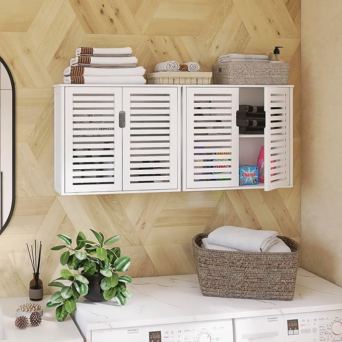 HITNET White Bathroom Cabinet Over Toilet, Bamboo Hanging Medicine Cabinet, Wall-Mounted Storage Organizer, Kitchen Cupboard with Double Doors and Adjustable Shelf