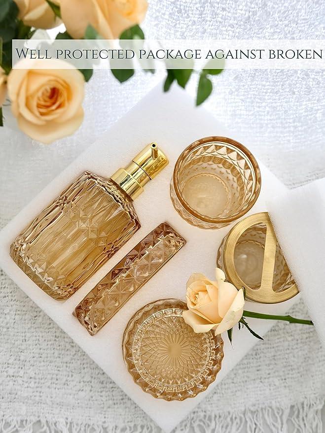 LaMarriti Clear Gold Bathroom Accessorries Set, 5Pcs Glass Bathroom Accessories, Lotion Soap Dispenser, Toothbrush Holder Set, Soap Dish, Tumbler, Qtips Holder for Bathroom Vanity Decor, Yellow Gold - ModernBath