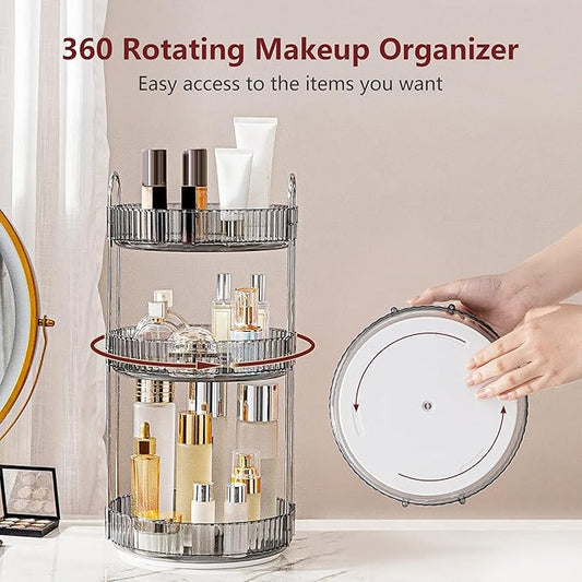 INVSSENE 360° Rotating Makeup Organizer, Bathroom Make Up Spinning Holder Rack, Large Capacity Cosmetics Storage Vanity Shelf Countertop, Fits Cosmetics, Perfume, Skincare, Lipsticks(3 Tiers, Gray)