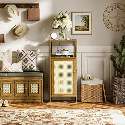 HITNET Rattan Bathroom Floor Cabinet, Bamboo Storage Cupboard with Single Door, Freestanding Small Living Room Sideboard, Space Saving Entryway Storage Unit, Walnut