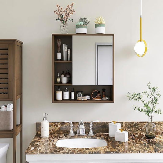 SMIBUY Bathroom Mirror Cabinet Wall Mounted, Bamboo Space Saver Medicine Cabinet, Wall Hanging Over Toilet Storage Cabinet with Mirror Door and Adjustable Shelf (Walnut) - ModernBath