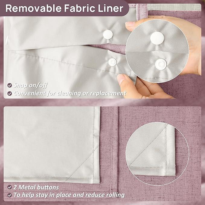Blush Pink No Hooks Linen Shower Curtain with Snap in Liner Set Rustic Farmhouse Shower Curtains for Bathroom Cream Burlap Cloth Double Bath Curtains with See Through Top Window 72x75 - ModernBath