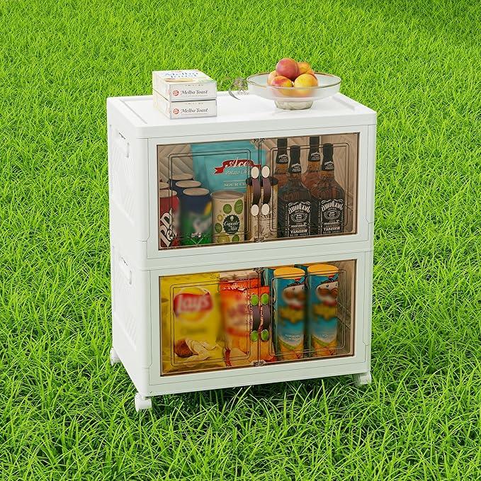 Storage Bins with Lids and Wheels, 90QT-45QT*2Tier Collapsible Bathroom Storage Cabinet with Clear Doors, Plastic Stackable Closet Organizers and Containers White - ModernBath