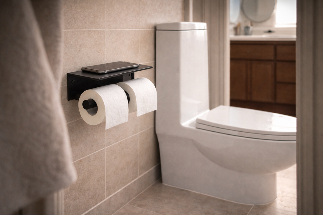 A Smarter Bathroom Detail: The Double-Roll Toilet Paper Holder with Shelf That Keeps Everyday Essentials Within Reach