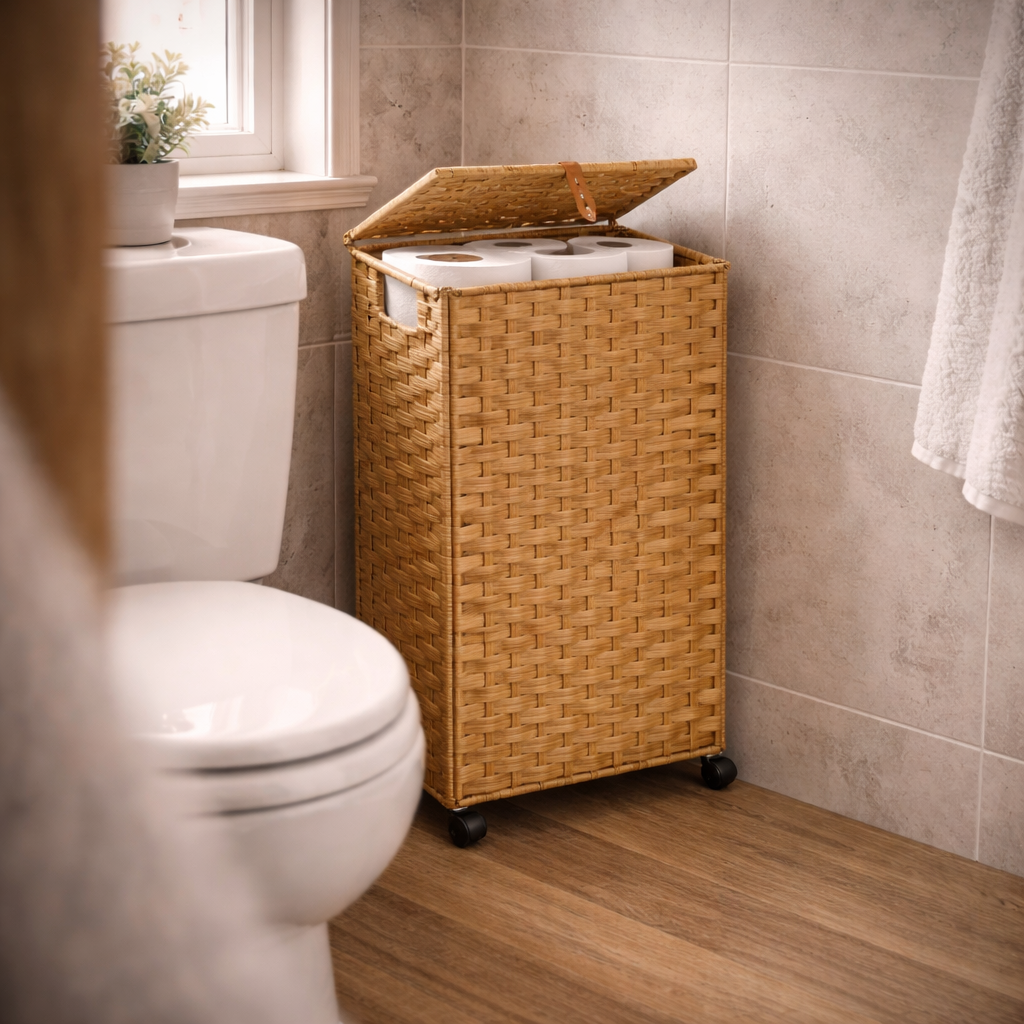 A Smarter Way to Store Toilet Paper in Small Bathrooms: Vertical Rattan Storage That Keeps the Space Calm