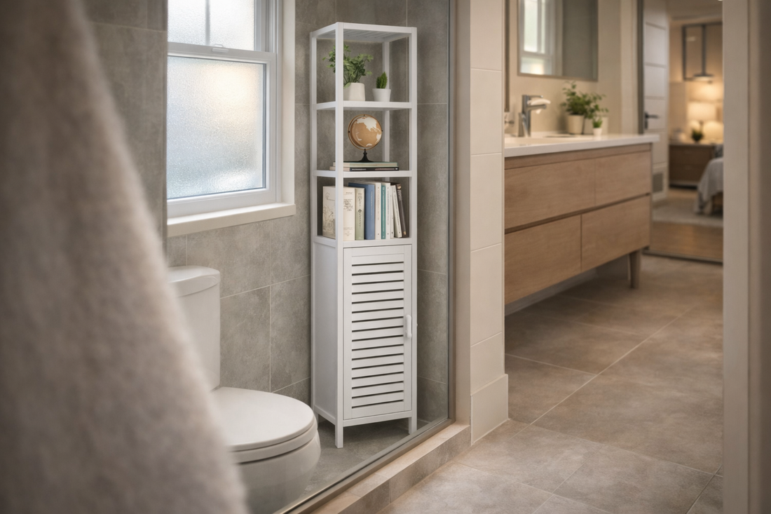 A Simple Way to Add Vertical Storage to Calm, Organized Bathrooms