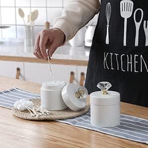 ONTUBE Porcelain Cotton Swabs Holder Organizer with Crystal Lid and Easy to Clean, White (Silver Lid, Set of 2) - ModernBath