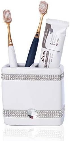 CAA'S Bathroom Accessories Set Ceramic 4 Pieces Bathroom Ensemble for Bath Decor Includes Lotion Dispenser Toothbrush Holder Tumbler Soap Dish (White Inlaid Zircon) - ModernBath
