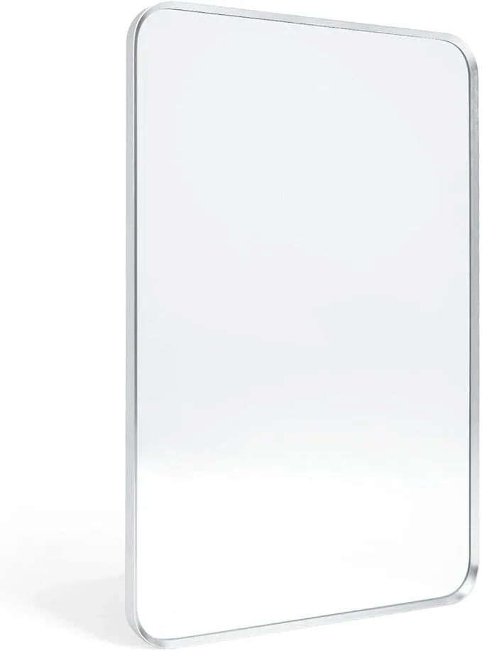 Minuover Wall Mount Mirror for Bathroom, Brushed Silver Metal Framed Rounded Corner Rectangular Vanity Mirror (24" x 36", Silver) - ModernBath