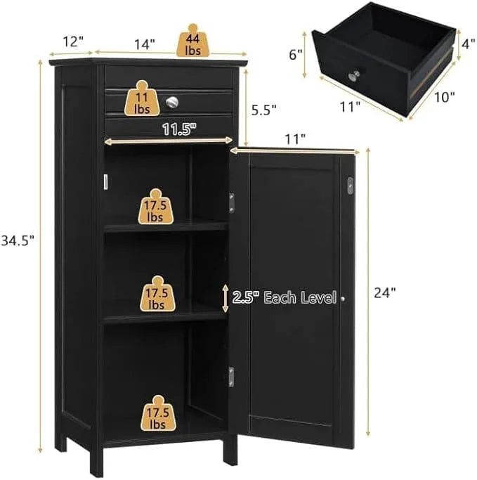 GOFLAME Bathroom Storage Cabinet, Freestanding Wooden Storage Cabinet with Large Drawer, 2 Adjustable Shelves with 7 Positions, Bathroom Floor Cabinet Organizer for Living Room, Black - ModernBath