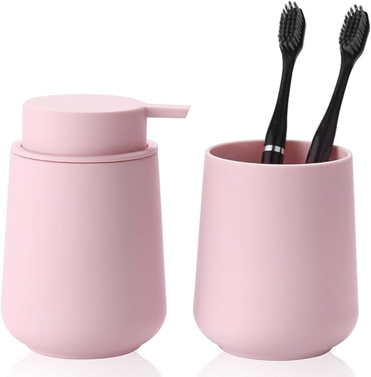 YAUKPH Matte Pink Bathroom Accessories 2 Piece Set Plastic Soap Dispenser and Toothbrush Holder for Modern Bathroom Decor