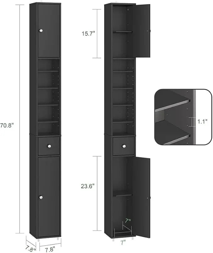 Haotian Narrow Bathroom Storage Cabinet, Tall Slim Bathroom Organizers and Storage for Small Spaces, Freestanding Skinny Cabinet with Doors and Shelves for Tight Corners Black BZR34-SCH - ModernBath