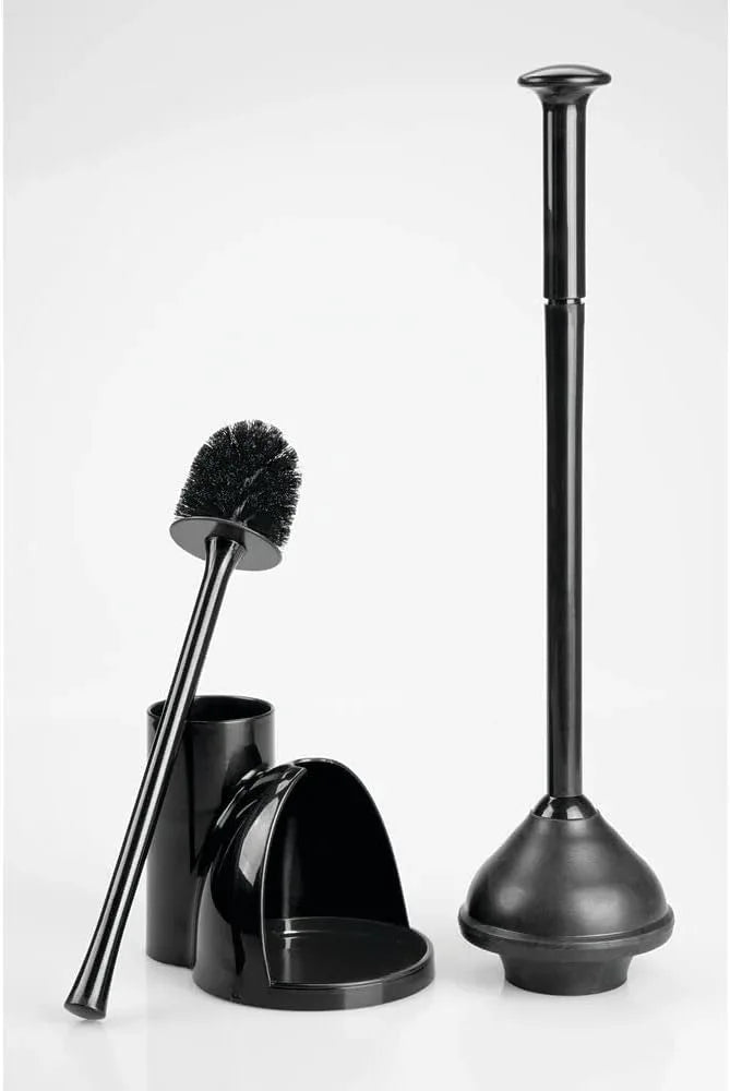 mDesign Hidden Plunger and Brush Set for Toilet Bowl - Brush Cleaner and Plunger Combo with Holder Caddy for Bathroom - Modern Toilet Brush and Plunger Set - Aura Collection - 2 Pack - Black - ModernBath