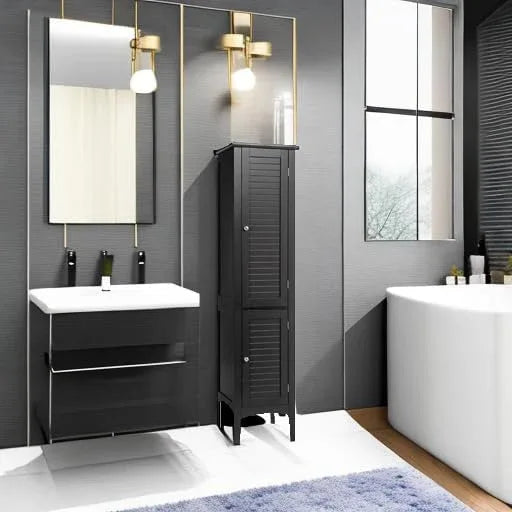 Tangkula Tall Bathroom Storage Cabinet, 5-Tier Wooden Freestanding Tower Cabinet, Narrow Storage Floor Cabinet w/ 2 Doors & Shelves for Bathroom Living Room Kitchen (Black) - ModernBath