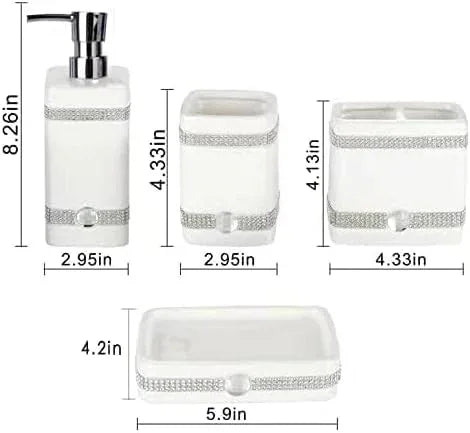 CAA'S Bathroom Accessories Set Ceramic 4 Pieces Bathroom Ensemble for Bath Decor Includes Lotion Dispenser Toothbrush Holder Tumbler Soap Dish (White Inlaid Zircon) - ModernBath