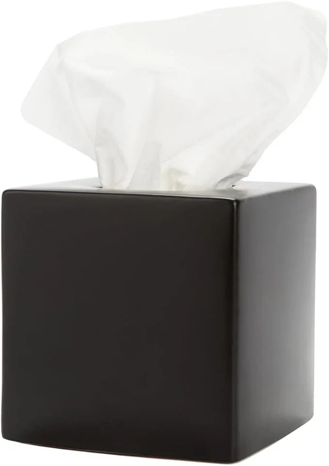 Simple Solid Ceramic Tissue Box Cover – Square Matte Finish Tissue Holder for Bathroom, Vanity, Nightstand, Office – Decorative & Discreet – Fits Standard Tissue Boxes (Black) - ModernBath