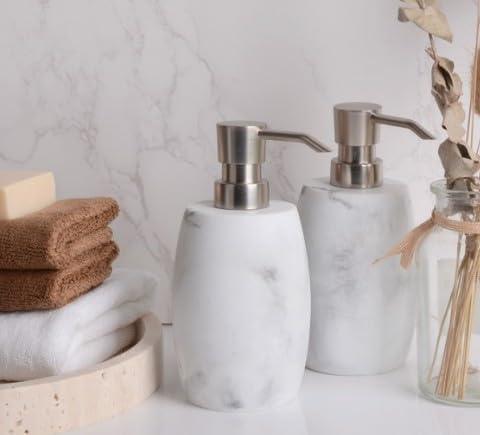 Clasin Home Resin Soap Dispenser Set 2, Refillable Hand Soap Dispenser with White Marble Look and Metallic Pump, Kitchen, Bathroom, Waterproof Labels (12 Oz) - ModernBath