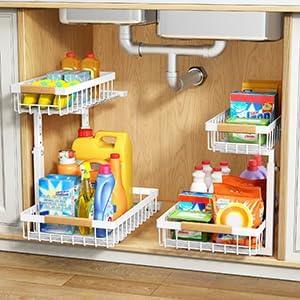 PXRACK 2 Pack Under Sink Organizer,Adjustable Height,2 Tier Pull Out Under Cabinet Organizer,Slide Out Thickened Metal Under Sink Storage for Kitchen Bathroom Laundry Cabinet Pantry,White(L) - ModernBath