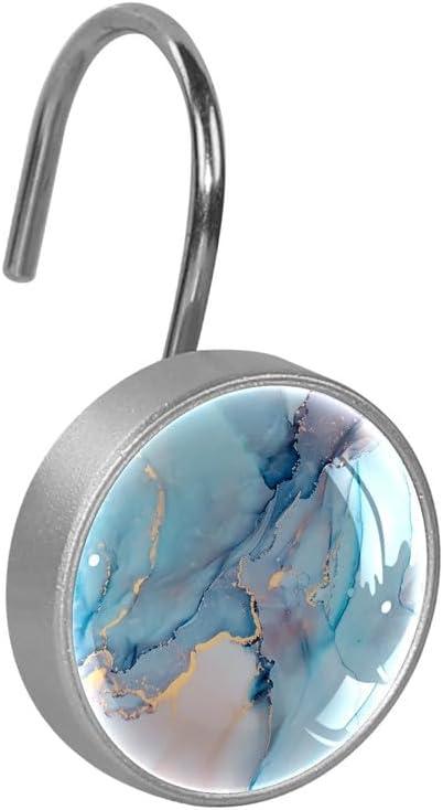 12 Pcs Decorative Shower Curtain Hooks, Rust Proof Glass Surface Stainless Steel Rings for Bathroom Bedroom Kitchen Home Bath Room Rods Decor (Blue Purple Gold Marble) - ModernBath
