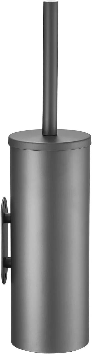 Stainless Steel Toilet Brush and Holder Set, No-Punch Hook Base Dual Purpose Toilet Brush Holder with Removable Inner Bucket and Splash Cover - Soft Bristles (Gray) - ModernBath