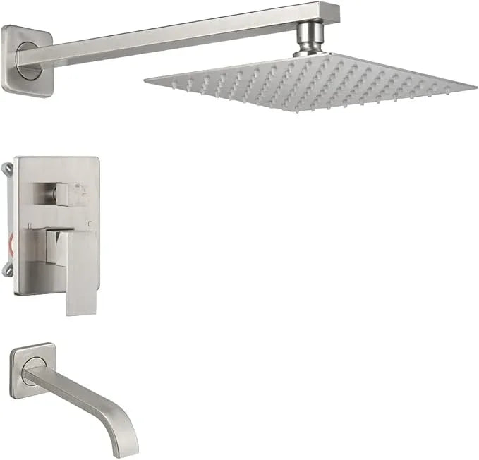 Heable Brushed Nickel Shower Faucet Set with Tub Spout Bathroom Luxury Rain Mixer Shower Head System Wall Mounted Shower Faucet Complete, Single Handle Tub and Shower Trim Kit with Rough-in Valve - ModernBath