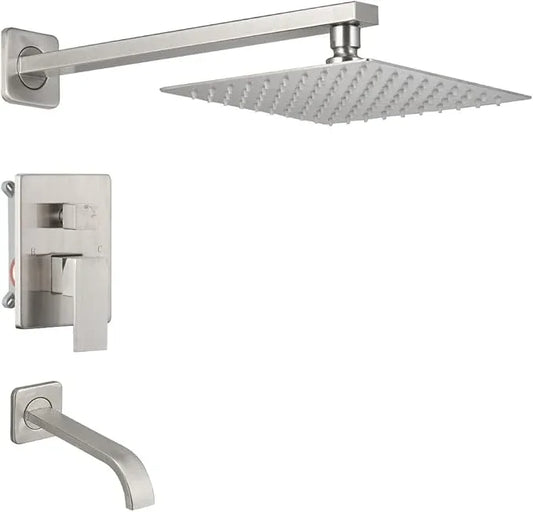 Heable Brushed Nickel Shower Faucet Set with Tub Spout Bathroom Luxury Rain Mixer Shower Head System Wall Mounted Shower Faucet Complete, Single Handle Tub and Shower Trim Kit with Rough-in Valve - ModernBath
