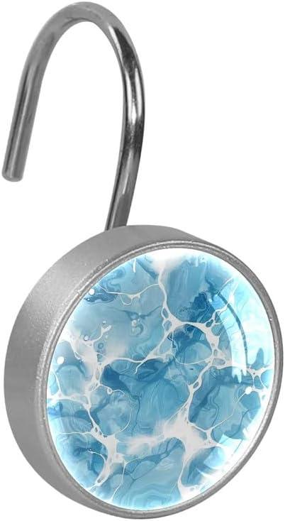12 Pcs Decorative Shower Curtain Hooks, Rust Proof Glass Surface Stainless Steel Rings for Bathroom Bedroom Kitchen Home Bath Room Rods Decor (Blue Water Ripples) - ModernBath