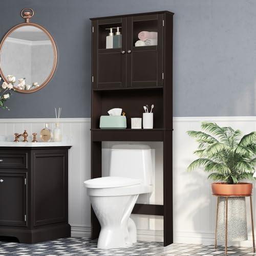 VINGLI Over The Toilet Storage Cabinet White Bathroom Storage Organizer Above The Toilet Shelf with Acrylic Glass Double Doors Wood Muebles para BañO Rack with Adjustable Shelf Espresso - ModernBath