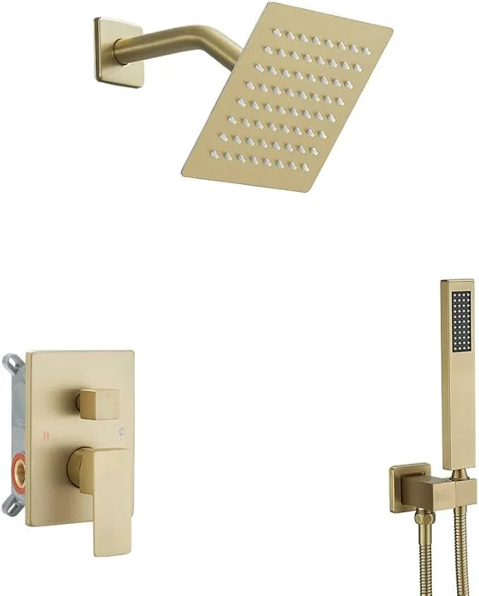 JingGang Brushed Gold Shower System 6 Inch Bathroom Luxury Rain Mixer Shower Combo Set Wall Mounted Rainfall Shower Head and Handheld System Shower Faucet Set Rough-in Valve Body and Trim Kit - ModernBath