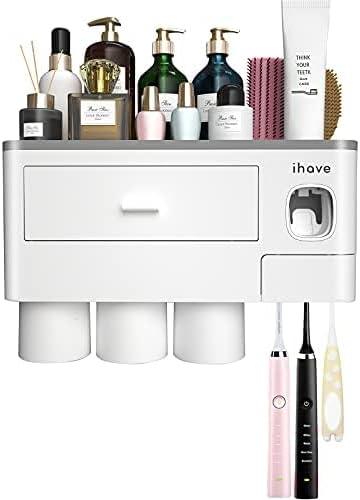 iHave Toothbrush Holders for Bathrooms, 3 Cups Toothbrush Holder Wall Mounted with Toothpaste Dispenser - Large Capacity Tray, Cosmetic Drawer - Bathroom Accessories & Bathroom Organization Storage - ModernBath