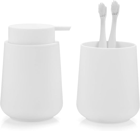 YAUKPH Matte White Bathroom Accessories 2 Piece Set Plastic Soap Dispenser and Toothbrush Holder for Modern Bathroom Decor