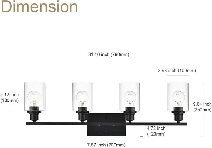 VINLUZ 4-Lights Black Bathroom Vanity Light Fixtures with Clear Cylinder Glass Shade,Industrial Metal Wall Mounted Lighting Over Mirror - ModernBath